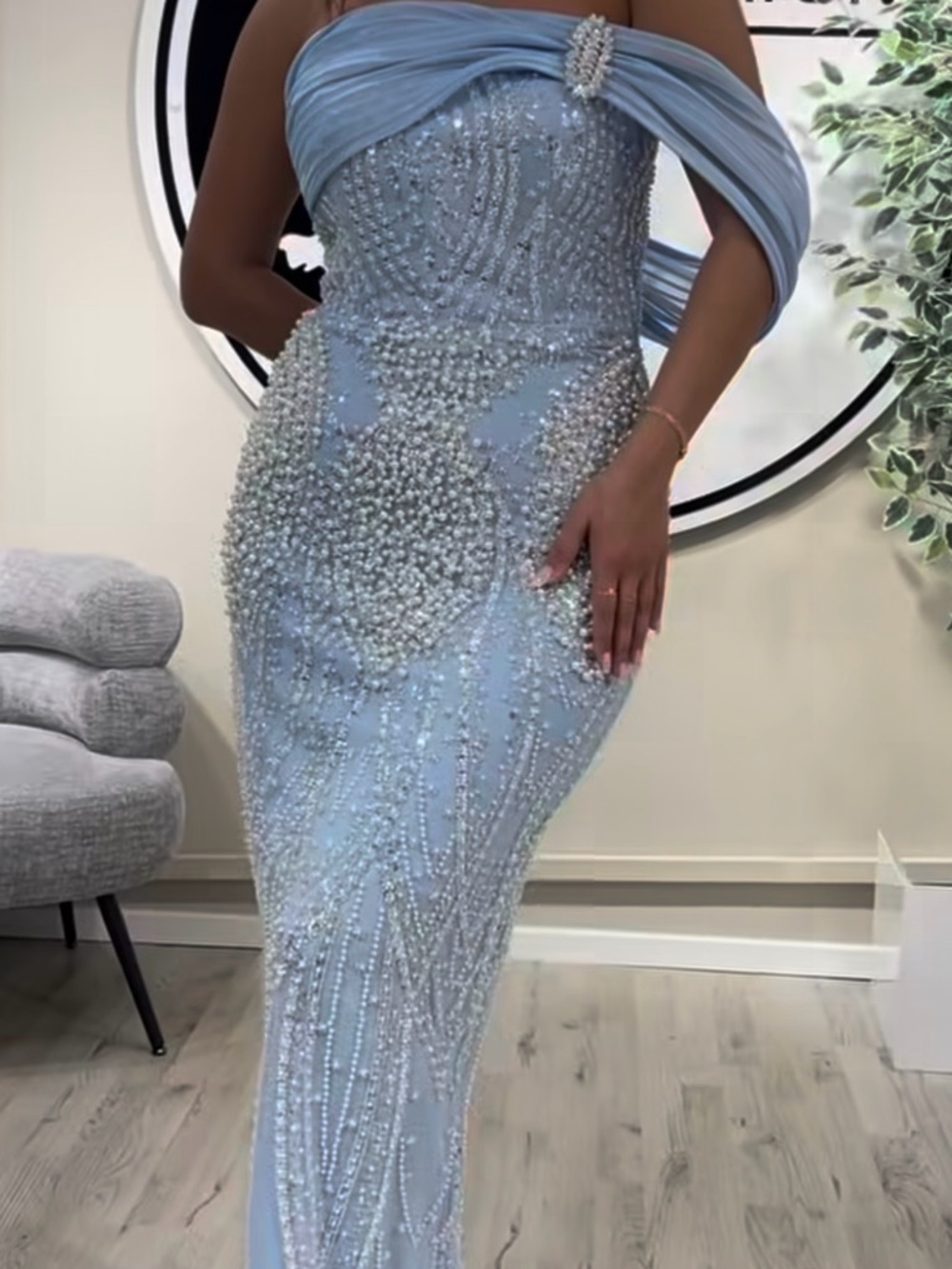 Pearl-Embellished Light Blue Off-Shoulder Gown
